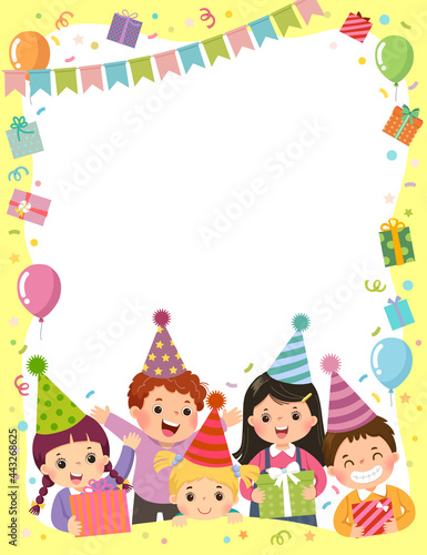 Template is ready for invitation for birthday party card with group of kids holding gift boxes.