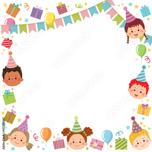 Template is ready for invitation or birthday party card with kids and gift boxes.