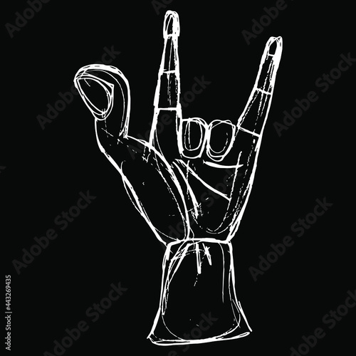 Stylized human hand showing two fingers. Apotropaic Sign of the horns gesture against bad luck. Antique ancient Greek or Roman deign. Hand drawn linear doodle rough sketch. White silhouette on black.