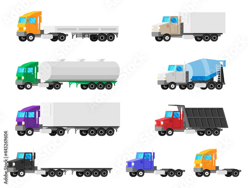 Set of Trucks Isolated. Cargo Car Icon Collection. Various Transportation Vehicles. Construction Lorry Machines. Container Trailer, Tipper, Mixer, Dumper, Tank, Refrigerator. Flat Vector Illustration