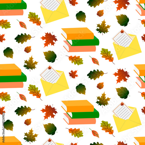 Pattern with books, autumn leaves and a postal envelope with a letter. Vector illustration. For use in prints, packaging, shops, cafes and restaurants, flyers, promotions, covers and brochures.