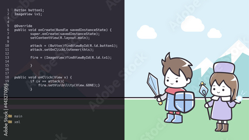 ゲームをプログラミングするイメージのイラスト_16:9