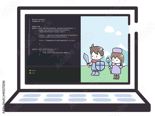 ゲームをプログラミングするパソコン画面のイメージイラスト