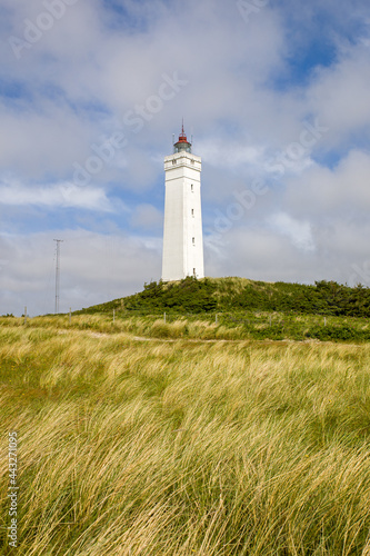 the white square lighthouse of Blavandshuk in denmark