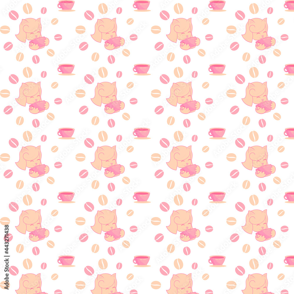 The pattern is a cute cat with coffee. Vector. The pattern is a cute cat with coffee. Vector.