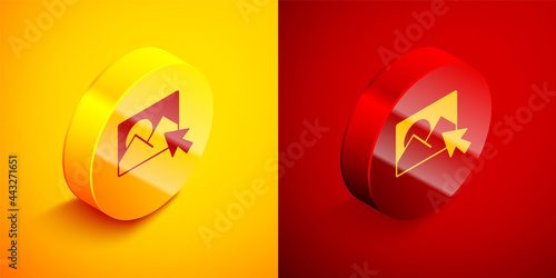 Isometric Photo retouching icon isolated on orange and red background. Photographer, photography, retouch icon. Circle button. Vector