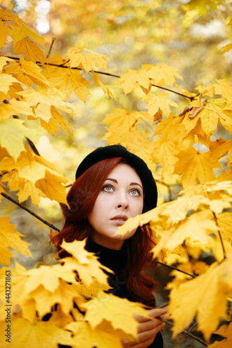 Cute girl in yellow foliage looks up. The fall period trees. Autumn romantic portrait of a red-haired woman. Walk in the Park.