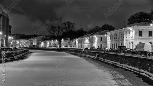 Rivers and canals of St. Petersburg on a winter night, Russia.