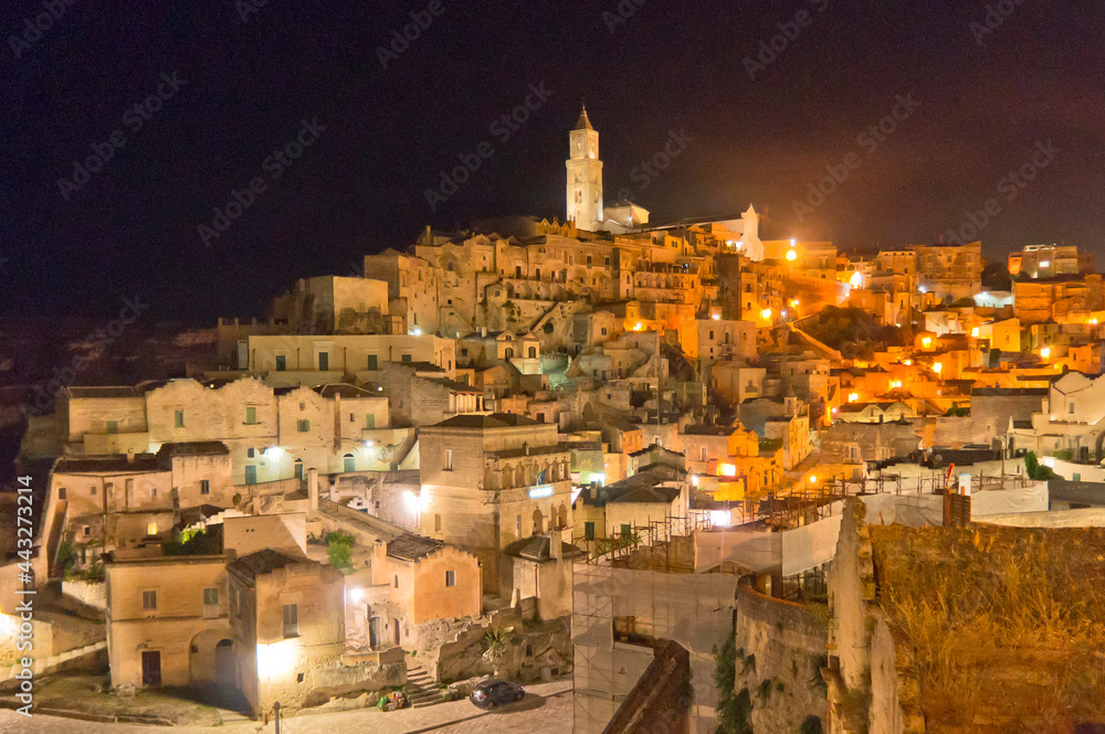 Matera, Old city view by night, Basilicata, Italy, Europe