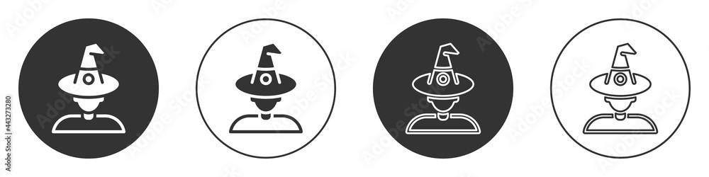Black Witch icon isolated on white background. Happy Halloween party. Circle button. Vector Black Witch icon isolated on white background. Happy Halloween party. Circle button. Vector