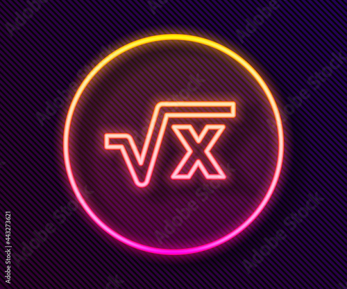 Glowing neon line Square root of x glyph icon isolated on black background. Mathematical expression. Vector