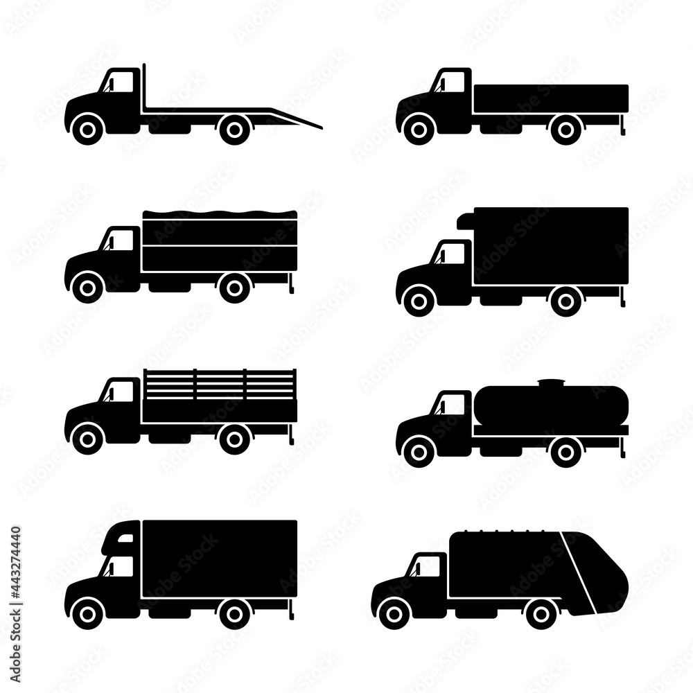 Truck icon set. Black silhouette. Front view. Vector simple flat graphic illustration. The isolated object on a white background. Isolate. Truck icon set. Black silhouette. Front view. Vector simple flat graphic illustration. The isolated object on a white background. Isolate.