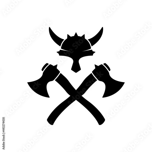 Helmet and crossed axes icon. Viking. Black silhouette. Front view. Vector simple flat graphic illustration. The isolated object on a white background. Isolate.