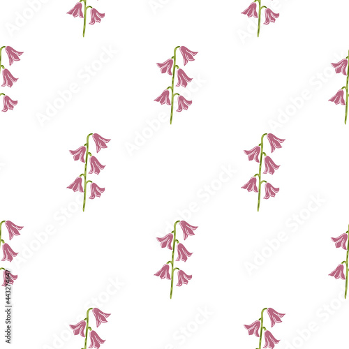 Isolated seamless pattern with minimalistic bell flowers pink ornament. White background. Simple floral backdrop.