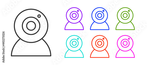 Black line Web camera icon isolated on white background. Chat camera. Webcam icon. Set icons colorful. Vector