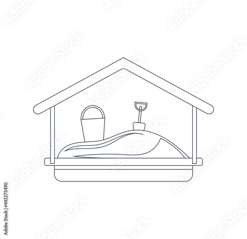 Sandbox with sand, bucket and shovel for kids on playground. Citypark concept. Vector outlined illustration.