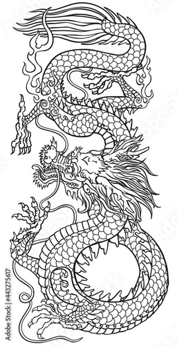 East Asia dragon. Traditional Chinese or Japanese mythological creature. Black and white tattoo style vector illustration. Outline
