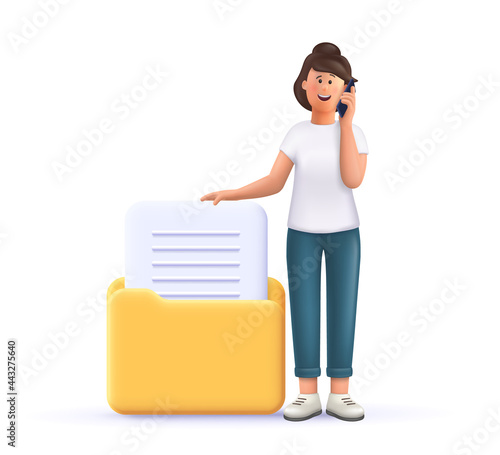 Young woman Jane standing near huge folder with documents and talking on smartphone. 3d vector people character illustration.