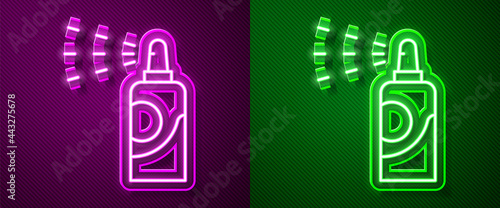Glowing neon line Spray can for hairspray, deodorant, antiperspirant icon isolated on purple and green background. Vector