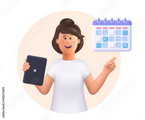 Young woman Jane holding tablet, showing plan schedule, planning day scheduling appointment in calendar application. Business planning ,events, reminder and timetable.3d vector people illustration.