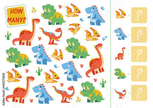 Count how many dinosaurs. Mini math how many game for preschoolers and kindergarten. Cartoon Vector Illustration of Education Counting Game for Preschool Children