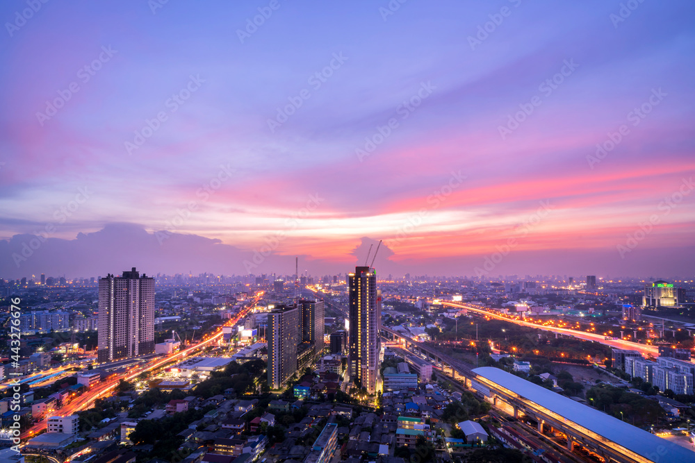 Highway top view of night city and sirat expressway at bangkok