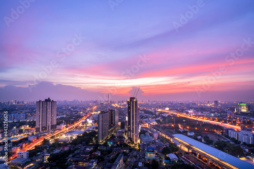 Highway top view of night city and sirat expressway at bangkok