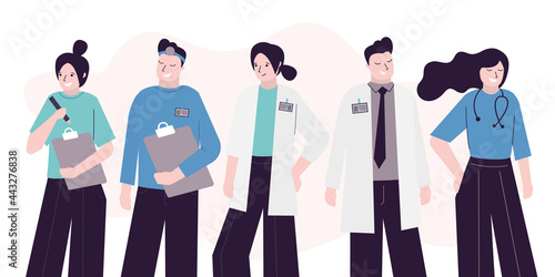 Group of different doctors, surgeons and nurses in uniform. Team of various medical professionals and specialists. Concept of healthcare, hospital workers