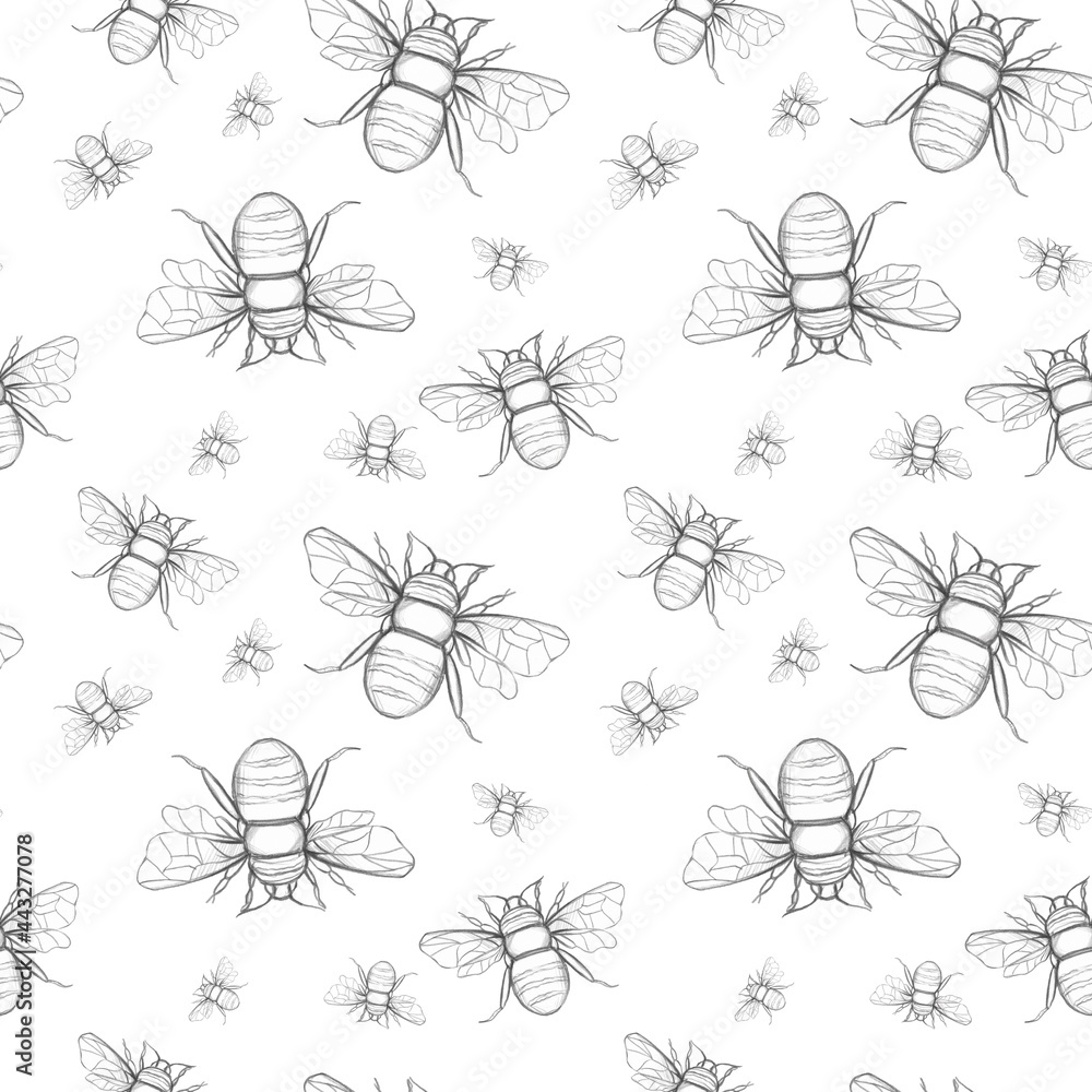 endless pattern of bees on white background