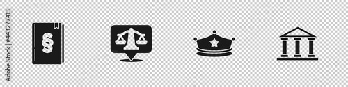 Set Law book, Scales of justice, Police cap with cockade and Courthouse building icon. Vector