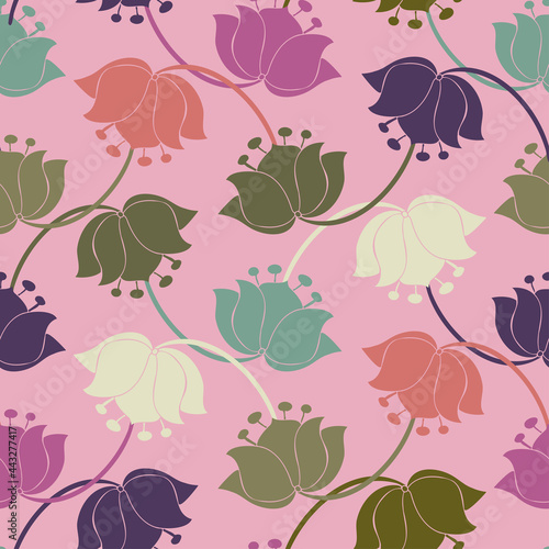 Vector seamless colorful design pattern botanical cute spring herbs and flowers in pastel tones