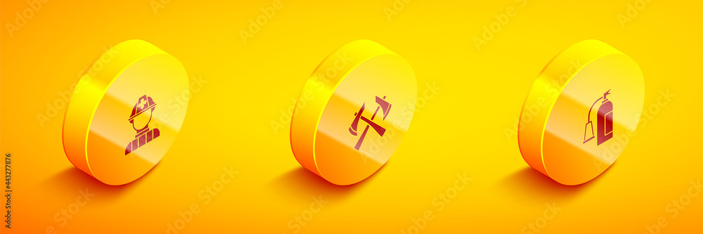 Obraz premium Set Isometric Firefighter, axe and extinguisher icon. Vector