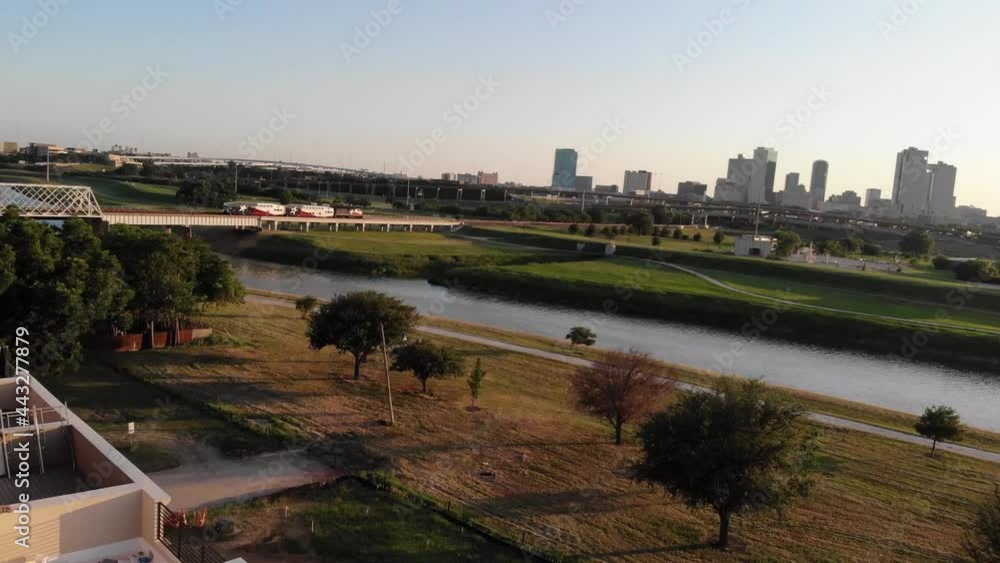 Midwest City Sunset with Train Over Bridge - Aerial Midwest City Sunset with Train Over Bridge - Aerial