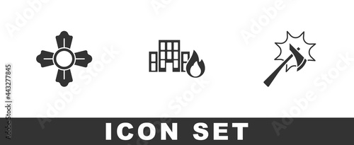 Set Firefighter, in burning buildings and axe icon. Vector