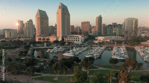 Aerial: San Diego Bay and city skyline at sunset. San Diego, California, USA photo