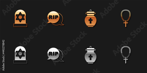 Set Grave with star of david, Speech bubble rip death, Funeral urn and Christian cross on chain icon. Vector