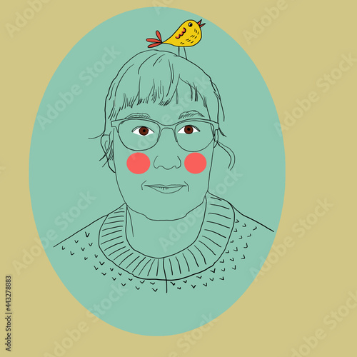 Vector illustration of a brown eyed woman with a canary on her head. 