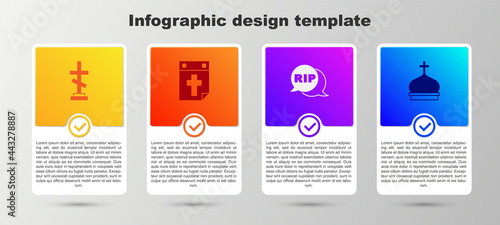 Set Grave with cross, Calendar death, Speech bubble rip and Church tower. Business infographic template. Vector