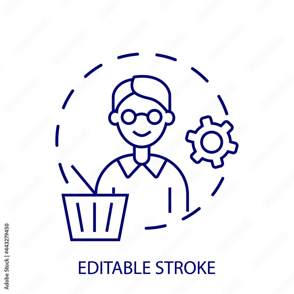 Conscious consumption outline concept circle icon. Smart man with basket. Editable stroke. Isolated vector illustration Conscious consumption outline concept circle icon. Smart man with basket. Editable stroke. Isolated vector illustration