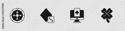 Set Casino roulette wheel, Game dice, Online poker table game and slot machine with clover icon. Vector