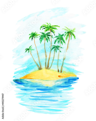 Fototapeta Naklejka Na Ścianę i Meble -  Tropical island illustration. Watercolor sea and palms landscape, hand painted summer vacation scene, beach background