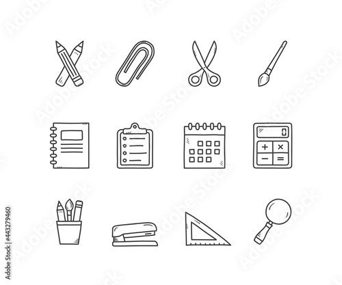 12 Stationery icons - hand drawn doodle style, office supplies icons