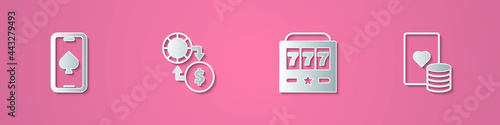 Set paper cut Online poker table game, Casino chips exchange on money, Slot machine with jackpot and and playing cards icon. Paper art style. Vector