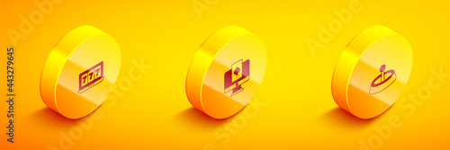 Set Isometric Online slot machine with jackpot, poker table game and Casino roulette wheel icon. Vector