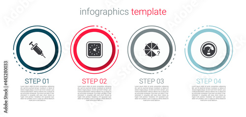 Set Syringe, Clock, Circle of pieces and Speedometer. Business infographic template. Vector