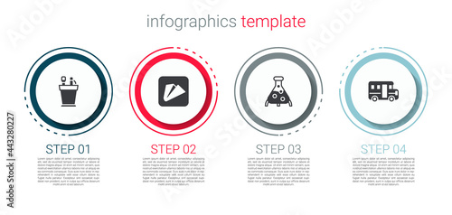 Set Pencil case stationery, Paper airplane, Test tube and flask and School Bus. Business infographic template. Vector