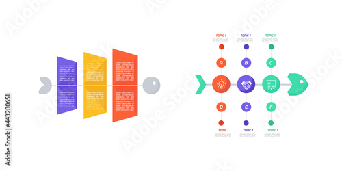 Fishbone diagram step infographic design collection with colorful text slot elements template design