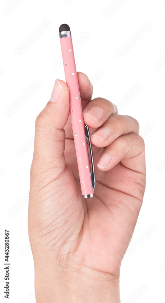 hand holding a soft pointed touchscreen stylus pen isolated on white background hand holding a soft pointed touchscreen stylus pen isolated on white background