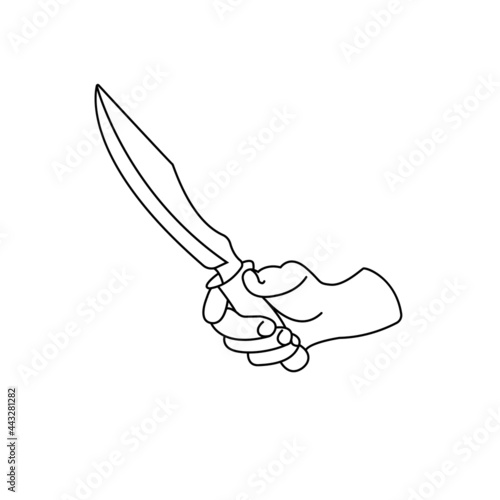 Knife in hand illustration. He holds a knife in his hand. Possession of a knife vector. Edged weapon in the right hand. Clenched fist