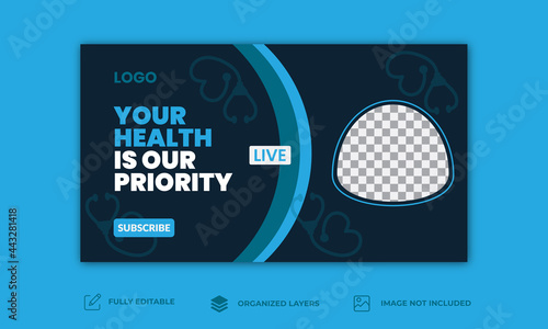 YouTube thumbnail video template for your channel, Medical healthcare web banner or video thumbnail template design, health service business promotion banner with logo and icon, Online marketing video
